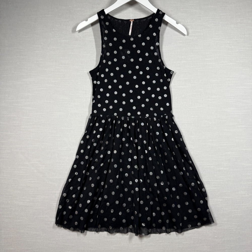 Free People Dress Women's XS Black Polka Dot Sleeveless Metallic Party Casual